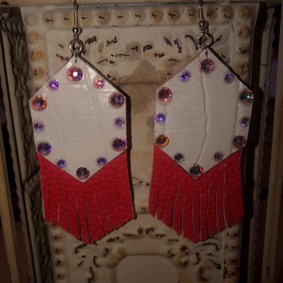 Fringe Faux Leather Rhinestone Earrings - Picture 2 of 3